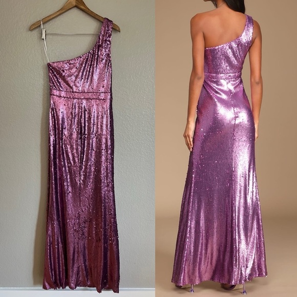 NWOT Prom Perfect Pink Sequin One-Shoulder Cutout Mermaid Maxi Dress - Picture 3 of 8